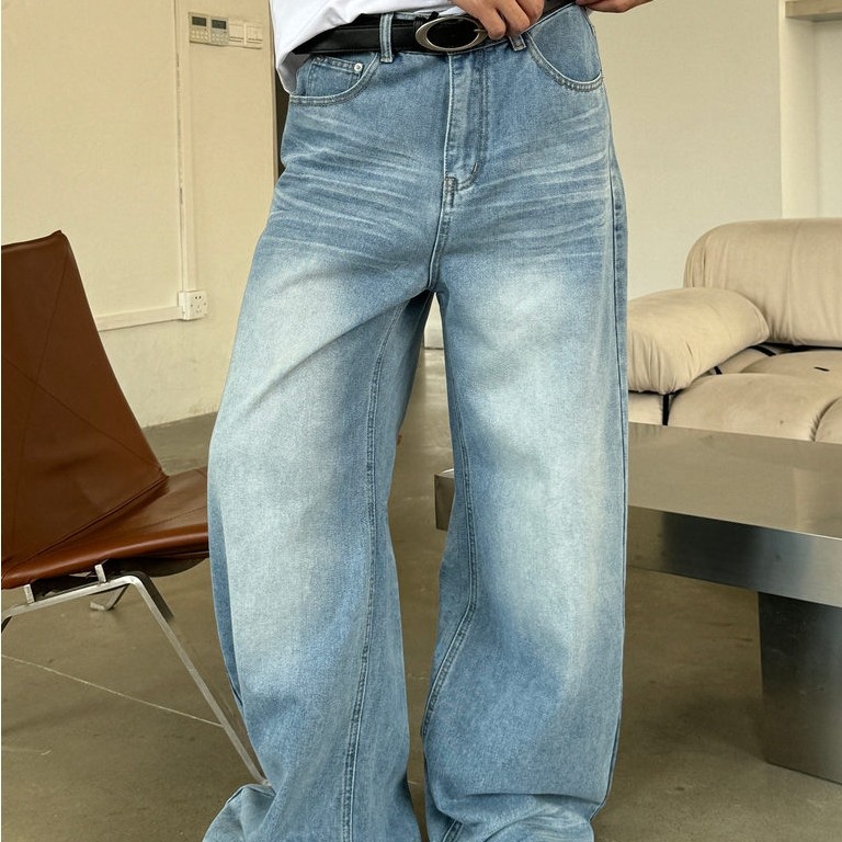 19studio WAYNEPRINCE Retro Simple Light Blue Washed Straight Pants Loose Casual Jeans