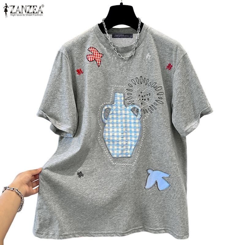ZANZEA เสื้อยืดคอกลมแขนสั้นพิมพ์ลายการ์ตูนผู้หญิงเกาหลีทุกวัน