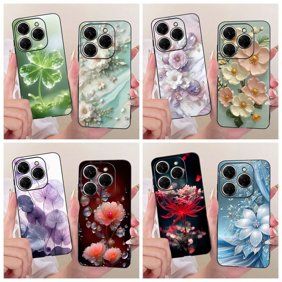 สําหรับ Tecno Spark 20 Pro KJ6 ปลอกแฟชั่นใหม่ดอกไม้ซิลิโคนสีดํานุ่ม TPU สําหรับ Tecno Spark 20 Pro P