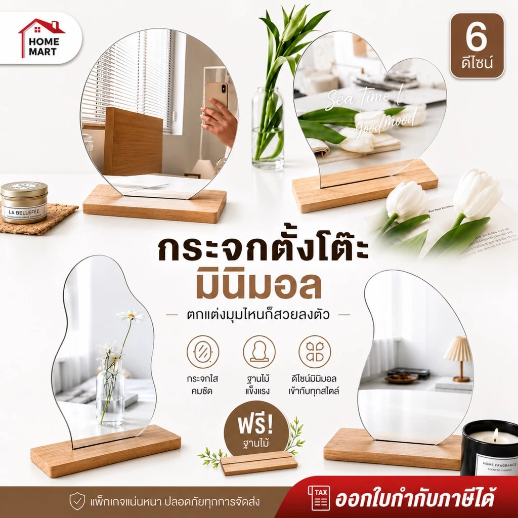 กระจกตั้งโต๊ะ ฟรี ฐานไม้ กระจกทรงก้อนเมฆ กระจกแต่งหน้า ทรงกลม พร้อมฐานวาง Mirror ตกแต่งบ้าน คาเฟ่ มินิมอล ของตกแต่ง