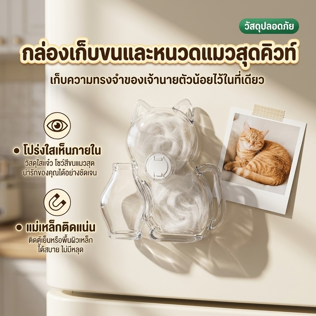 ⭐โปรพิเศษ 🐱กล่องเก็บขนแมวน่ารัก | ใส เก็บหนวด แม่เหล็กติดตู้เย็นรูปแมว | ของที่ระลึกคนรักแมวของขวัญวันเกิด