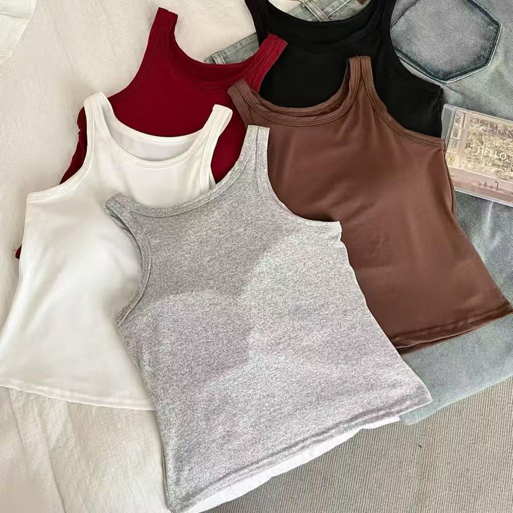 เสื้อสายเอี๊ยมผู้หญิง เสื้อแขนกุด สีพื้น เข้ารูป มีบราในตัว เสื้อทรงคอร์เซ็ท แขนกุดฟองน้ำในตัว ผ้าเรย่อนใส่สบาย ส