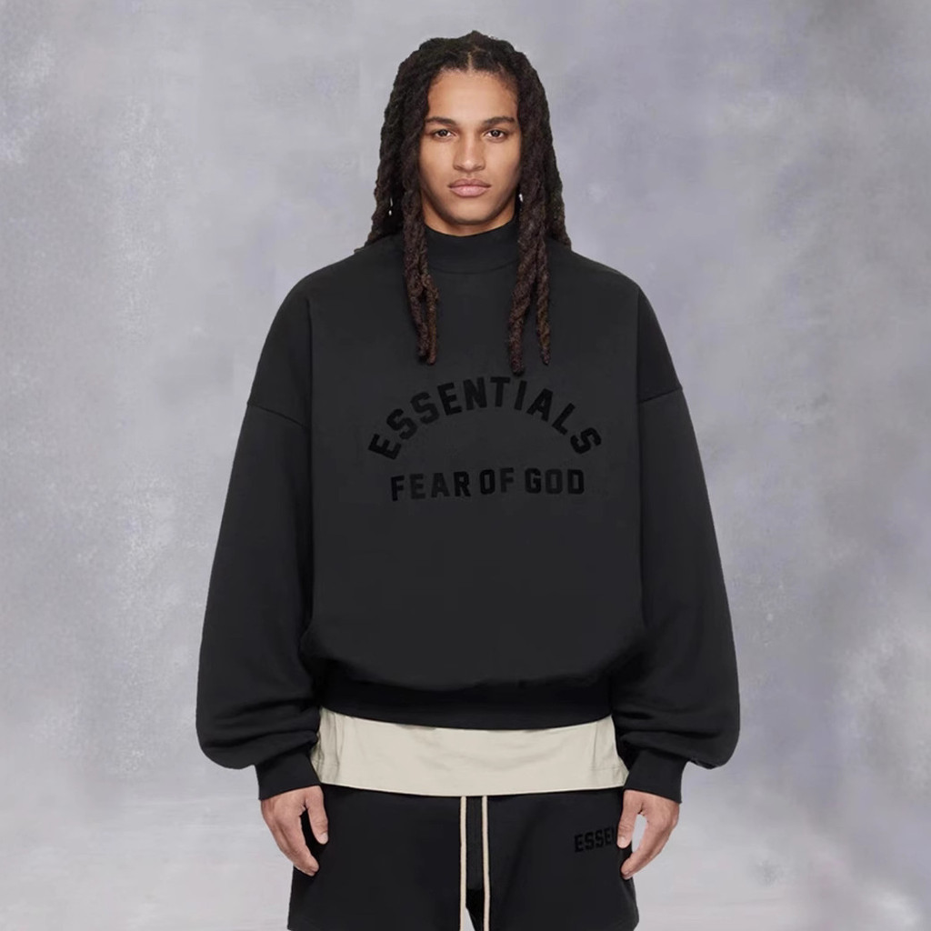 O2WS FOG Dual-line cool black series ESSENTIALS Unisex Couple's High Street Loose Fit Crew Neck Swea