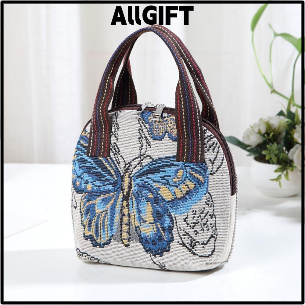 AllGIFT ALLGIFT Retro Tote Handbags, Dacron Printing Top Handle Handbag, กระเป๋าลายปักความจุขนาดใหญ่
