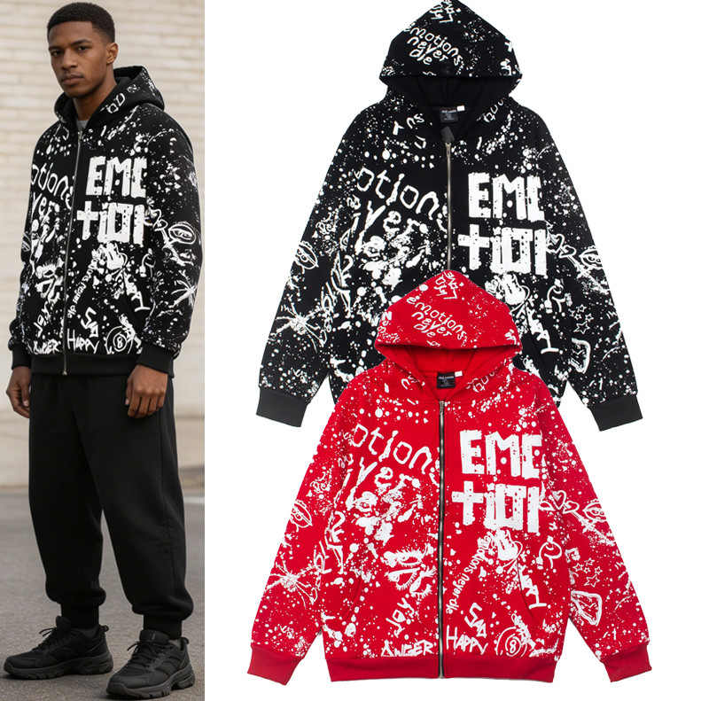 MIXED EMOTION Street Full Print Letter Print Hooded Sweatshirt Zipper Cardigan Jacket