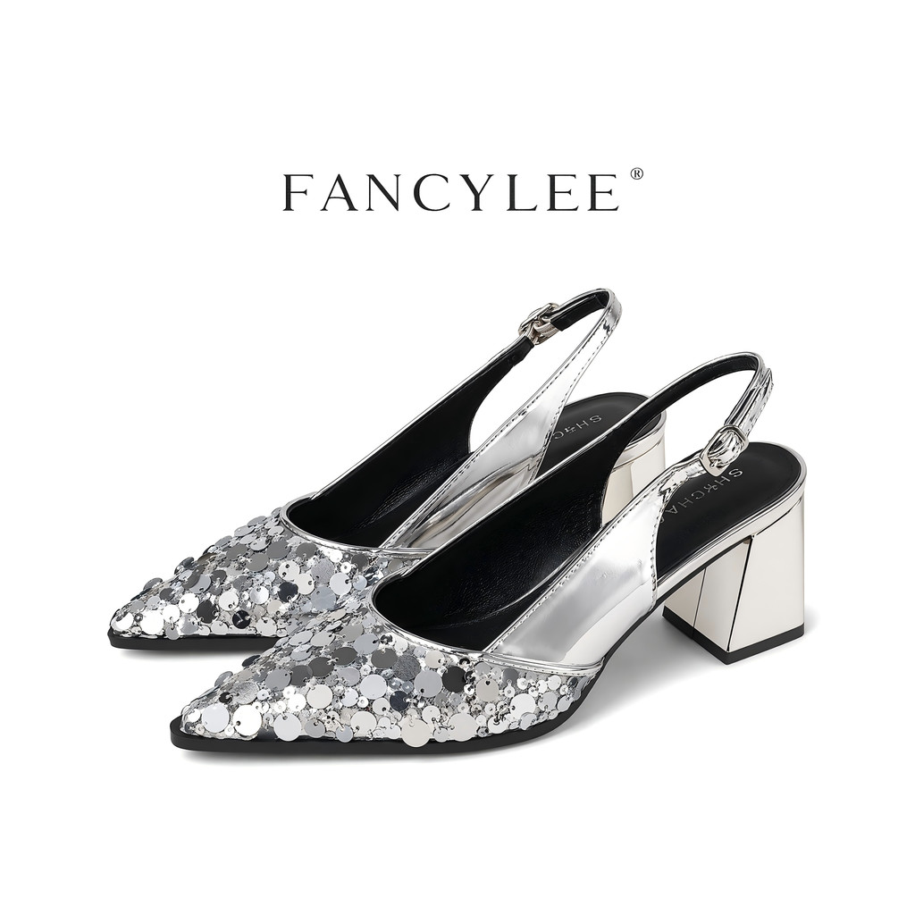 รองเท้าส้นสูงหัวแหลม สีเงินประดับคริสตัล แบบ slingback - เหมาะสำหรับใส่ในงานปาร์ตี้
