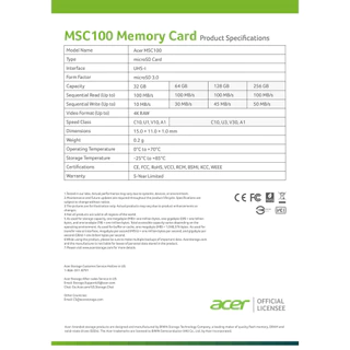 ACER 32GB/64GB/128GB MSC100 microSD Card (เมมโมรี่การ์ด) อ่านสูงสุด 100MB/s | รองรับ 4K Video