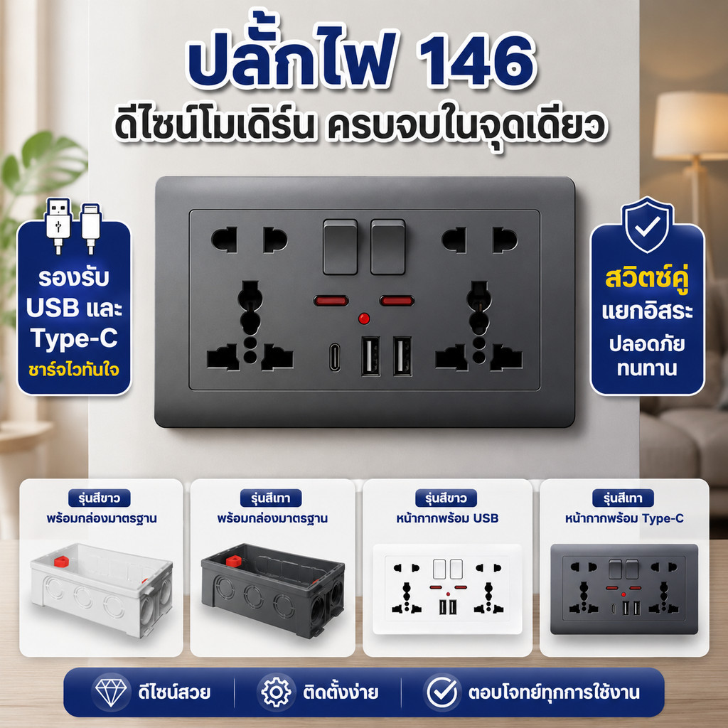ปลั๊กไฟแบบมีสวิตช์ 146 ช่อง ผลิตจากวัสดุ PC มีปลั๊กแบบห้ารูสองด้าน พร้อมสวิตช์ อินเทอร์เฟซ USB และ Type-C ผลิตจากวัสดุ