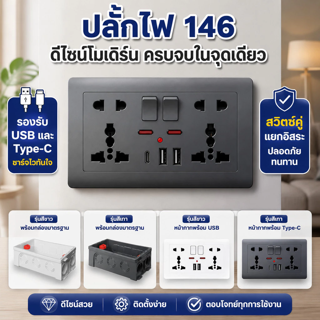 ปลั๊กไฟแบบมีสวิตช์ 146 ช่อง ผลิตจากวัสดุ PC มีปลั๊กแบบห้ารูสองด้าน พร้อมสวิตช์ อินเทอร์เฟซ USB และ Type-C ผลิตจากวัสดุ