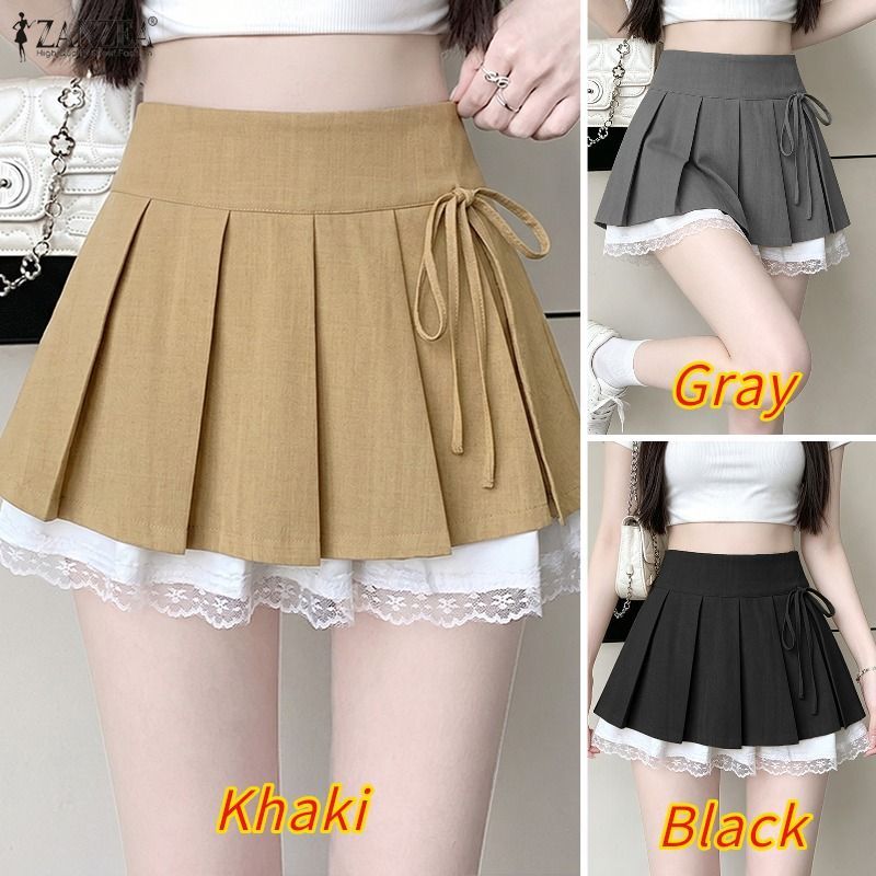 ZANZEA ผู้หญิงเกาหลีหวานวิทยาลัยสไตล์เอวสูง Tie-Up Bows จีบลูกไม้ Splicing A-Line Oversirt — صورة 3