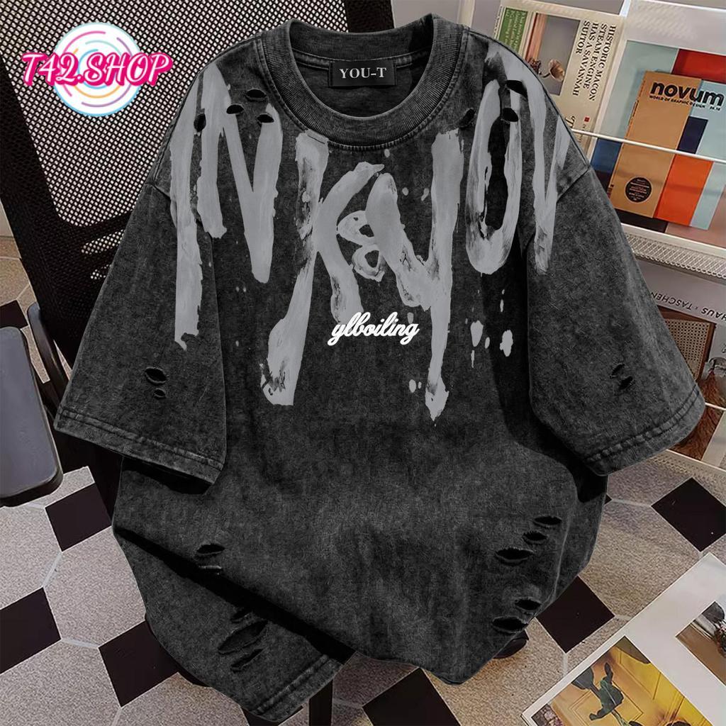 T42.SHOP🌸พร้อมส่ง! เสื้อยืดOversize  เสื้อยืดขาดเซอร์ ผ้าฟอกวินเทจ ลาย  "NKYOY”เนื้อผ้าเกรดพรีเมียม ใส่สบาย
