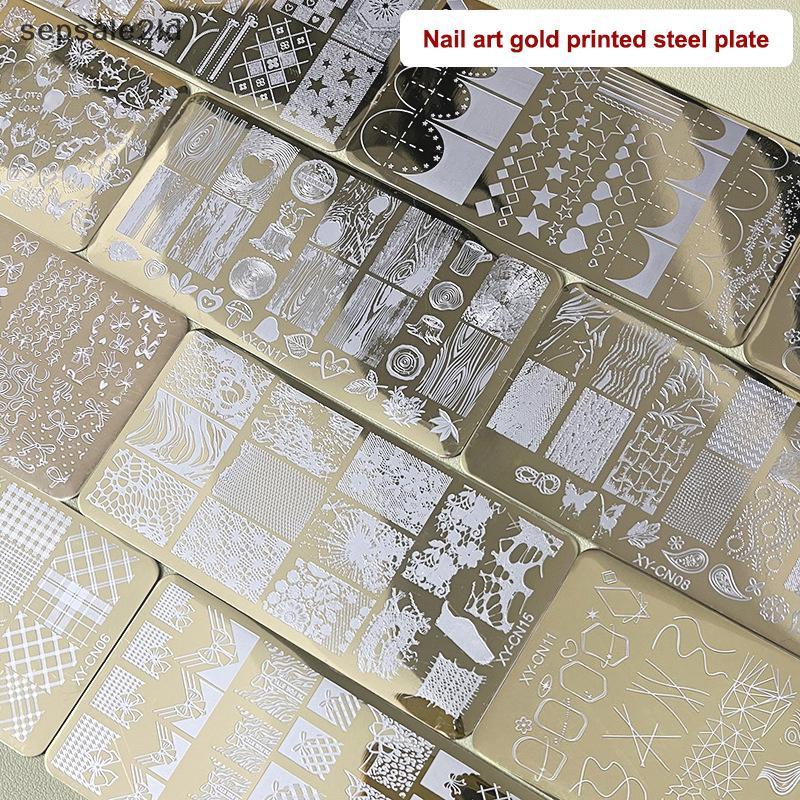 (seps) 12x6 ซม.Golden รูปสี่เหลี่ยมผืนผ้าเล็บปั๊มแผ่น Bowknot ผีเสื้อดอกไม้แมวออกแบบเล็บแม่แบบสําหรั