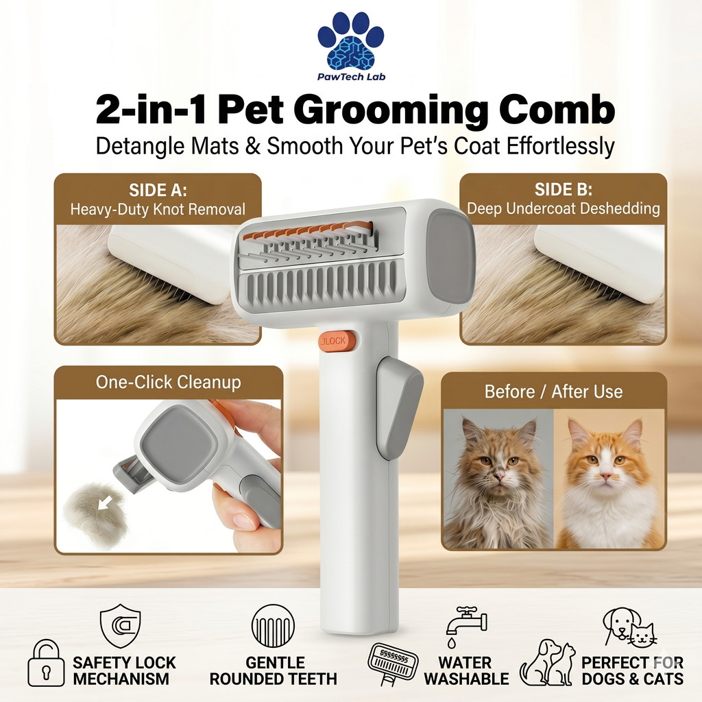 [PawTech Lab] หวีกรูมมิ่งสัตว์เลี้ยง 2-in-1 | แปรงผลัดขน | หวีสางสังกะตัง | หวีสางขนสุนัข แมว | ดึงขนตาย ลดขนร่วง | ขอบมน ไม่บาดผิว