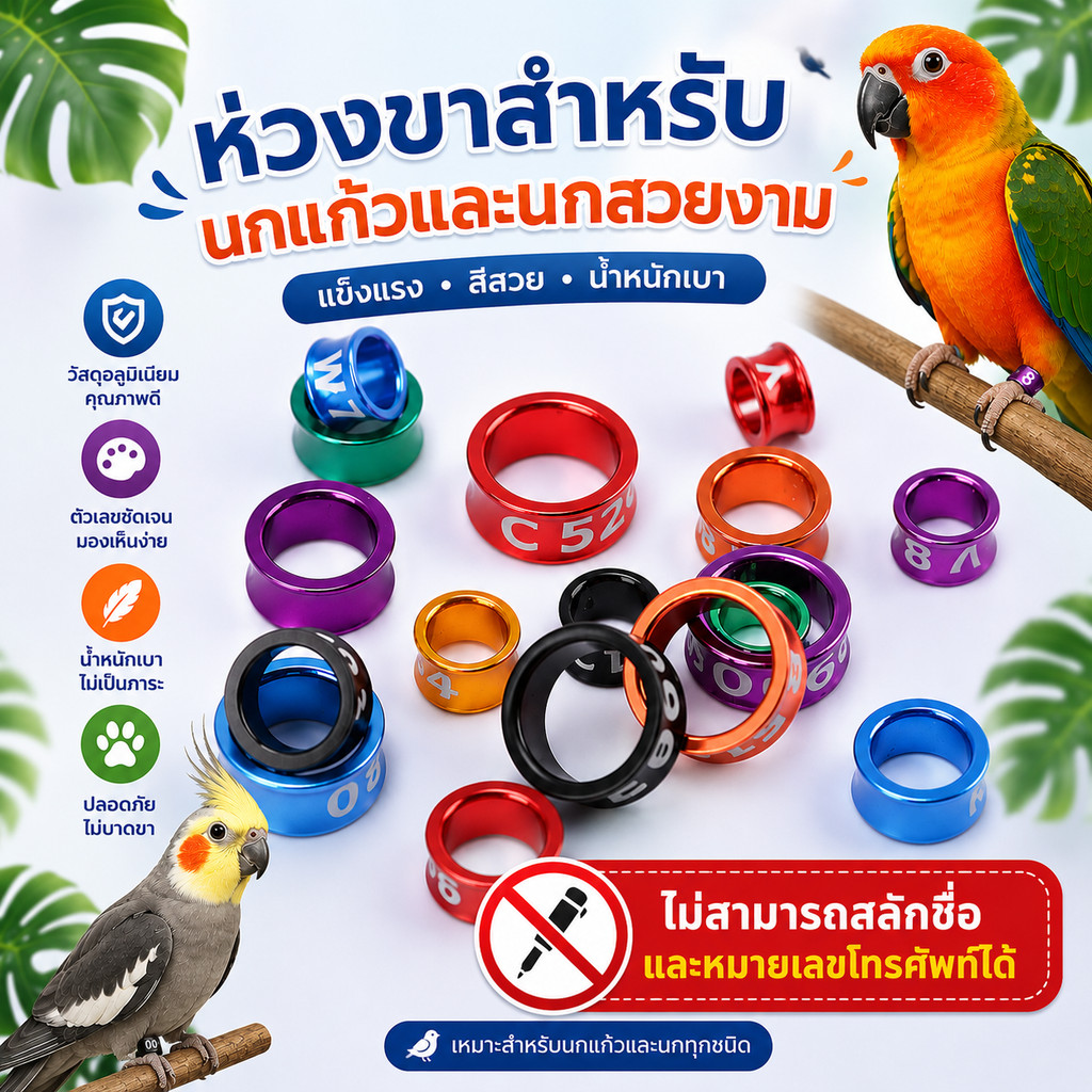 Parrot.Thailand ห่วงขานก ห่วงขานกแก้ว อลูมิเนียม น้ำหนักเบา สีสันสดใส ตัวเลขชัดเจน สำหรับนกแก้วและนกสวยงามทุกชนิด
