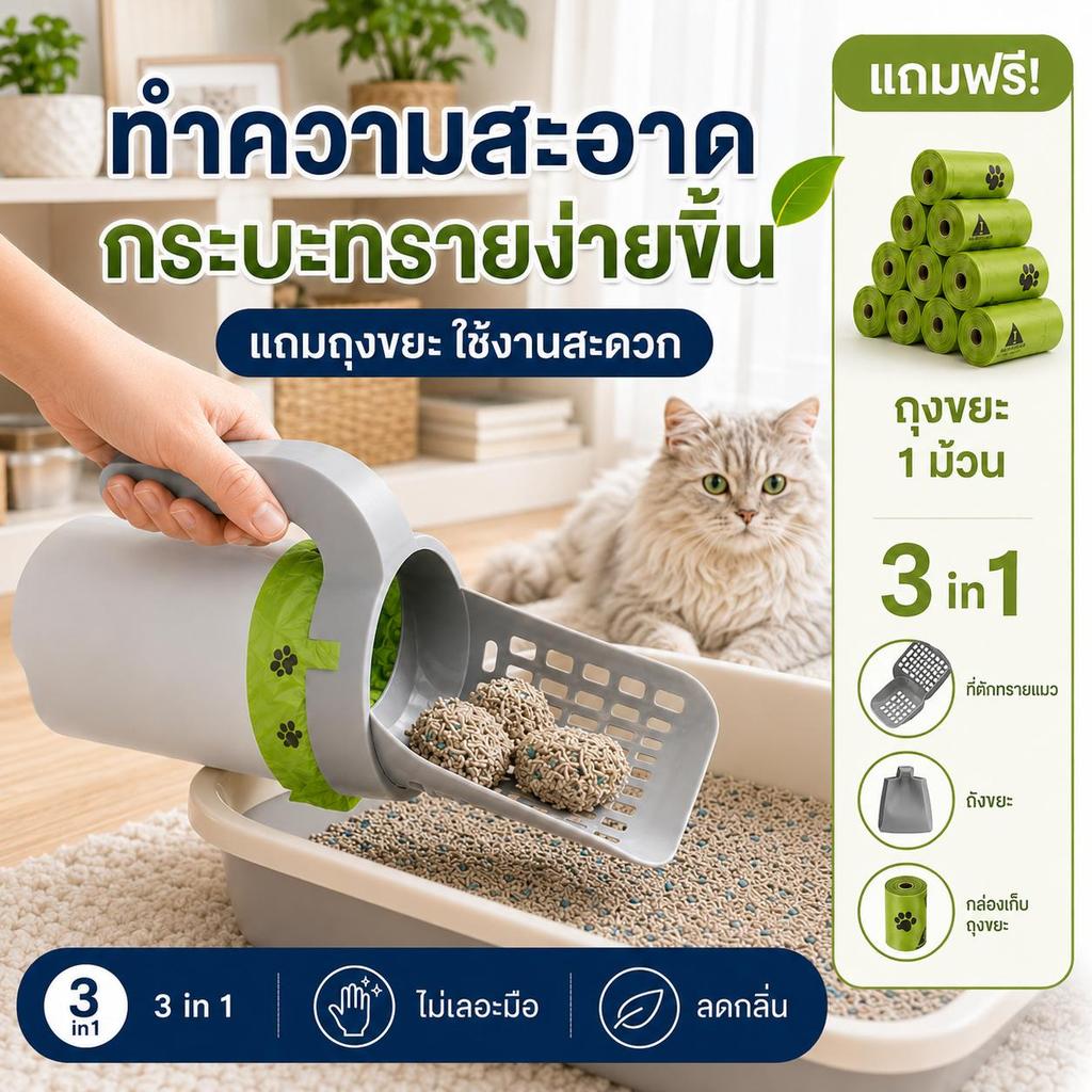 【PetZap】พร้อมส่ง COD ที่เก็บอึแมว ที่ตักทรายแมว ถุงขยะห้องน้ำแมว ถุงขี้สัตว์เลี้ยง ถังขยะในตัว เกรดพรีเมียม CW-084