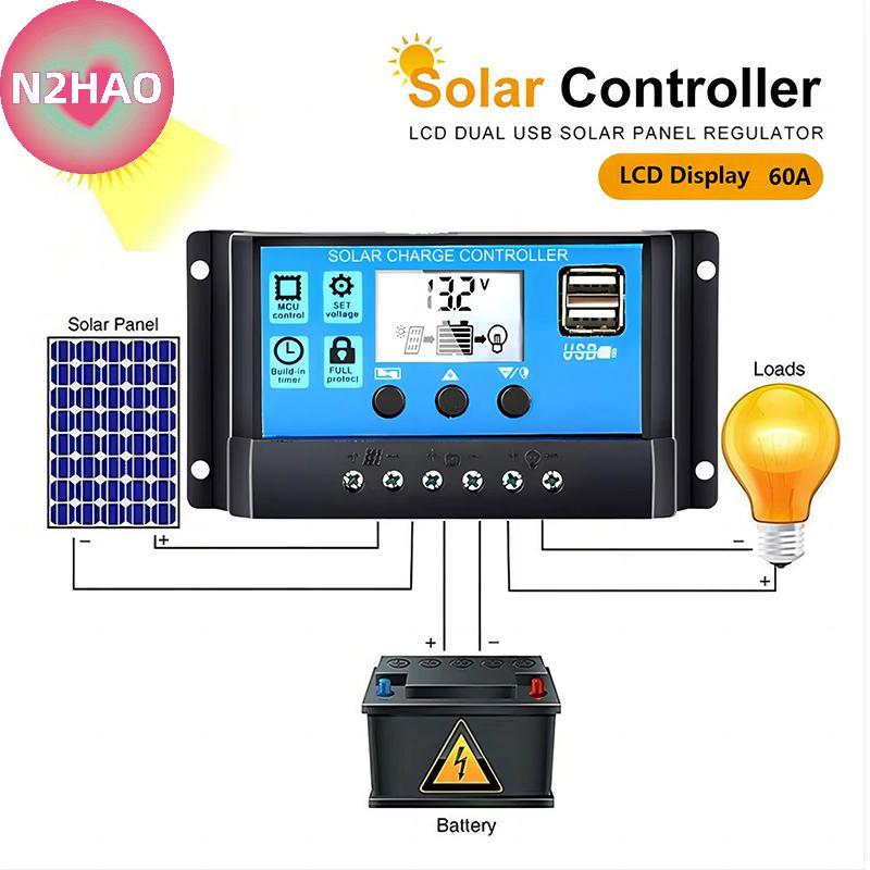 N2HAO 60a ตัวควบคุมการชาร์จ - ตัวควบคุมการชาร์จแผงโซลาร์เซลล์ 12V 24V Max 48V 1560W อินพุตปรับพารามิ