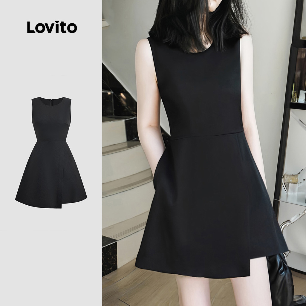 Lovito ชุดเดรสหรูซิปแขนยาวสำหรับฤดูใบไม้ผลิ/ฤดูร้อน สีดำ สำหรับผู้หญิง L150ED352