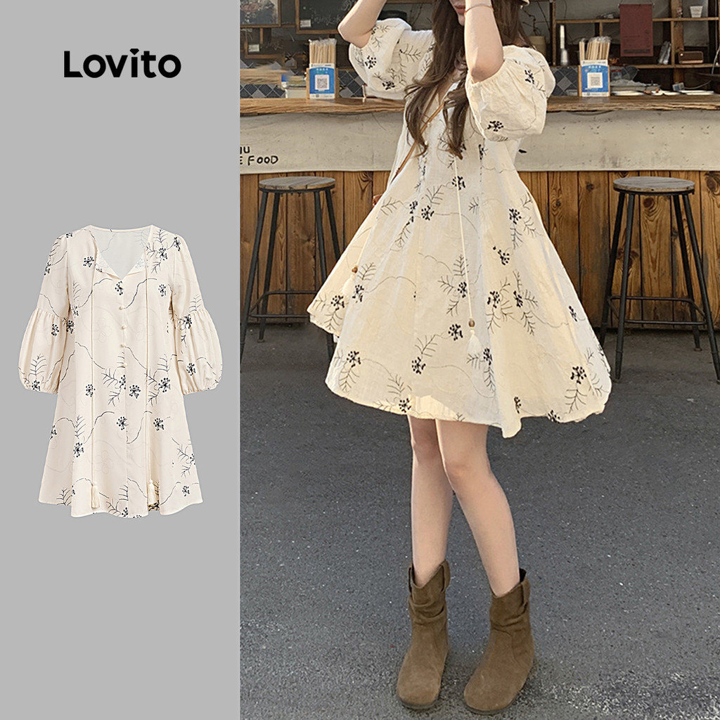 Lovito เดรสลําลองผู้หญิง สีขาวออฟไวท์ สําหรับฤดูใบไม้ผลิ/ฤดูร้อน รุ่น L156AD285
