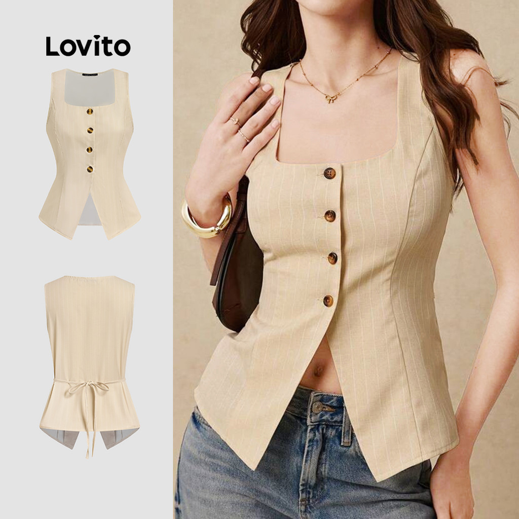 Lovito เสื้อคอวีสีกรมท่าแบบลำลองสำหรับผู้หญิงในฤดูใบไม้ผลิ/ฤดูร้อน L138AD852