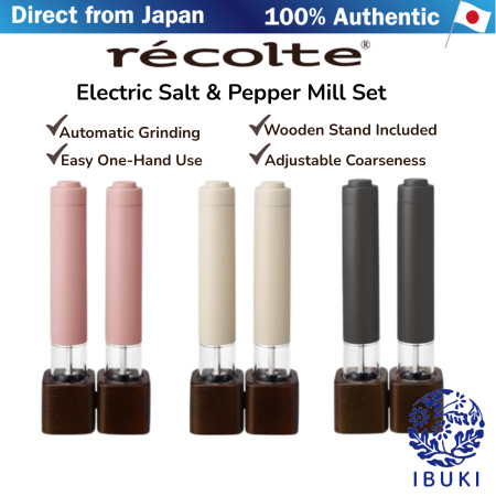recolte Electric Salt & Pepper Mill Mini Set - 2 Automatic Grinders with Adjustable Coarseness, Wooden Stand, Slim Design, One-Hand Operation, Battery-Operated, Ceramic Grinder, Transparent - Gray, Pink, Cream