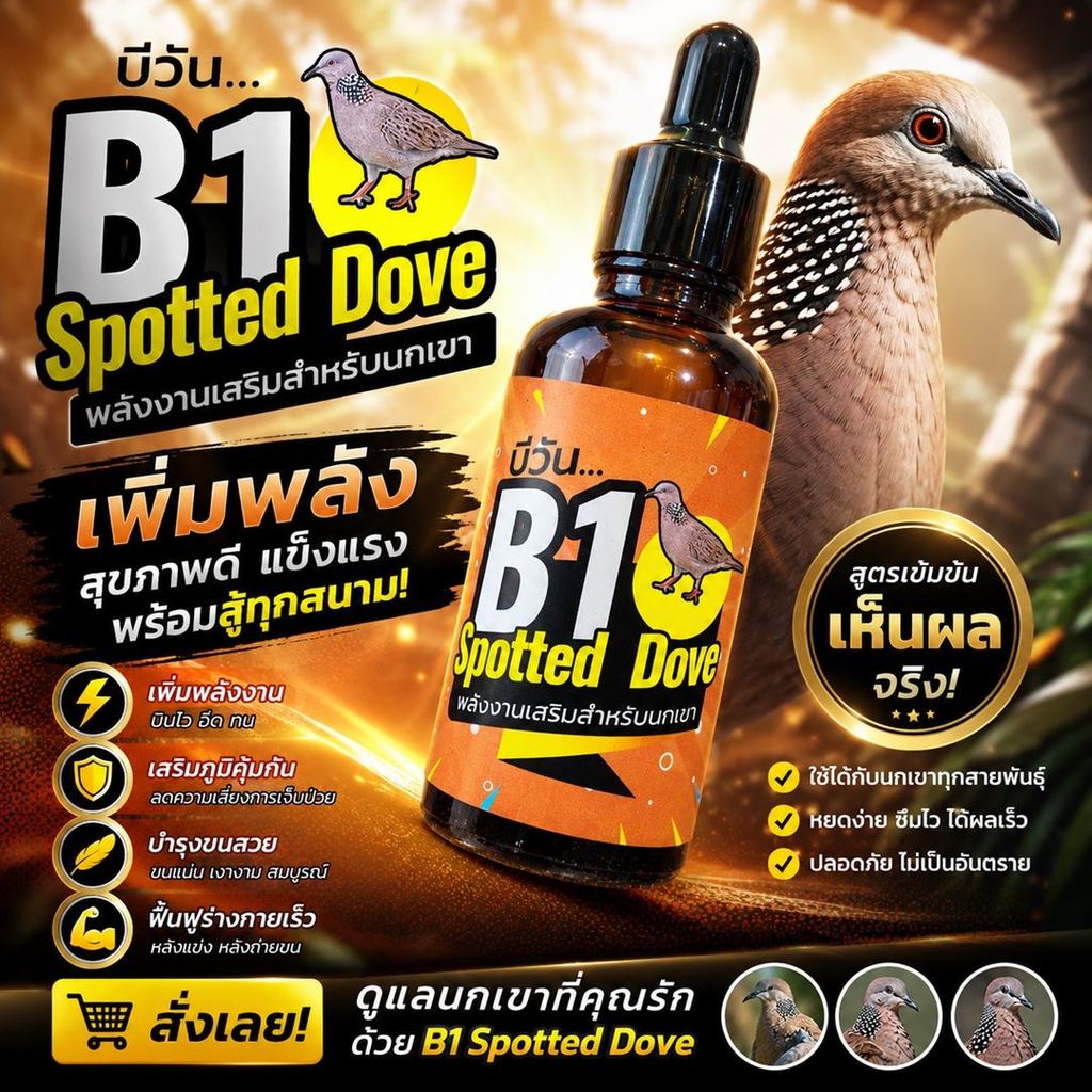 วิตามินนกเขา B1 Spotted Dove ช่วยให้นกเขาปรับสมดุลของร่างกาย ทำให้นกเขาแข็งแรง ระบบย่อย สมบูรณ์ ไร้สารตกค้าง 100%