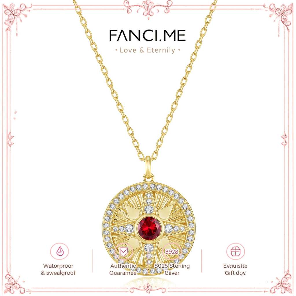 FANCIME "Lumen Star" สร้อยคอเงินสเตอร์ลิง Ruby July Birthstone