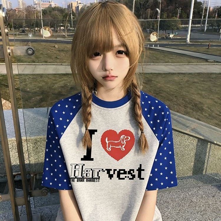 Retro Contrast สี Raglan เสื้อยืดแขนสั้นผู้หญิง 2026 ฤดูร้อนใหม่หลวมสบายๆ All-Match Top