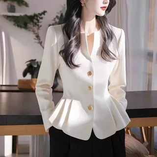 993เสื้อเชิ้ตแขนยาวฤดูใบไม้ร่วงใหม่ มีแผ่นรองไหล่ตรง ปลายกระโปรงพับลายกลีบดอก สไตล์ฝรั่งเศส รัดเอว แบบสั้น เสื้อคลุมสตรี