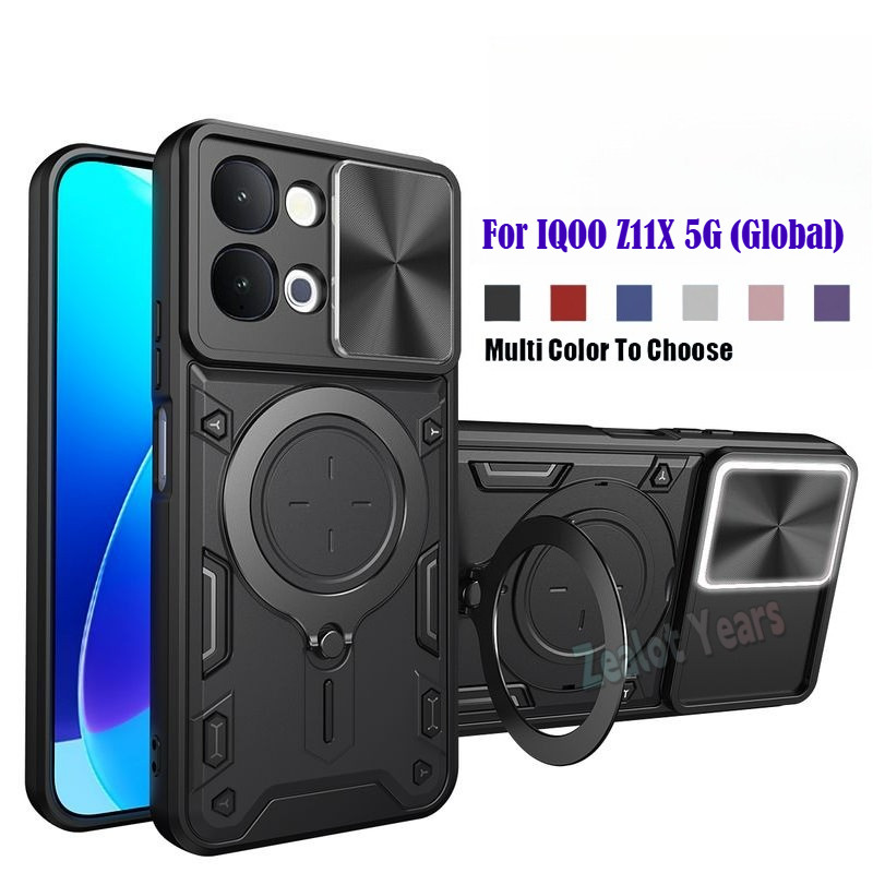 ปลอกสําหรับ IQOO Z11X 5G Global I2507 สไลด์กล้องปกป้องเกราะกรณีรถผู้ถือแหวนแม่เหล็กขาตั้งฝาครอบ