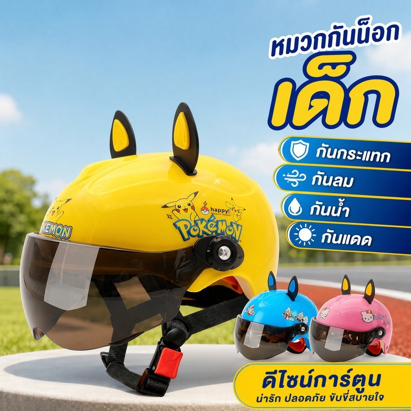 หมวกกันน็อคเด็ก ลายการ์ตูน กันกระแทก กันลม กันน้ำ กันแดด ใส่สบาย ทนทาน ปลอดภัย เด็กเล็ก