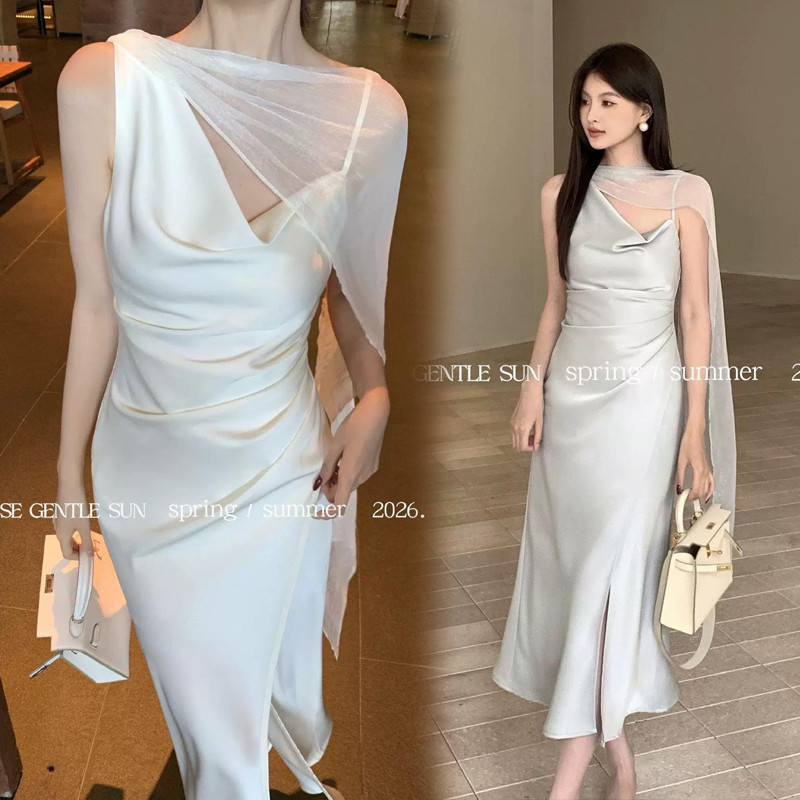 Dahong 99436 เดรสยาว พร้อมส่ง เดรสสายเดี่ยวผ้าซาติน เดรสออกงาน เดรสสายเดี่ยว ชุดออกงาน ชุดราตรี