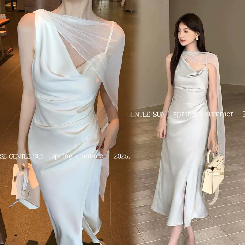Dahong 99436 เดรสยาว พร้อมส่ง เดรสสายเดี่ยวผ้าซาติน เดรสออกงาน เดรสสายเดี่ยว ชุดออกงาน ชุดราตรี
