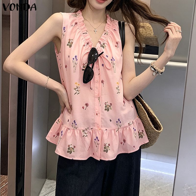 VONDA ผู้หญิงสาวเกาหลีสไตล์ V คอ Tie-Up Bows ดอกไม้พิมพ์ Ruffles Hem A-Line ถัง — صورة 5