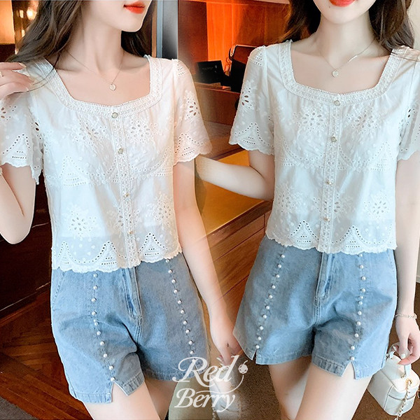 Red Berry เสื้อเชิ้ตแขนสั้นผ้าลูกไม้สำหรับผู้หญิง ดีไซน์เก๋ น่ารัก เหมาะสำหรับฤดูร้อน 99291
