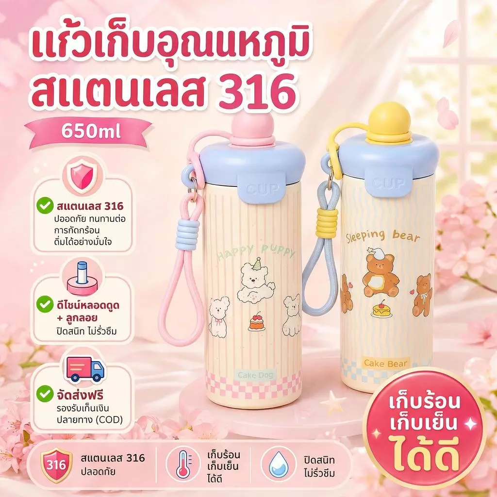 กระติกน้ำร้อนสแตนเลส 316 ขนาด 650ml เก็บความร้อนเย็น