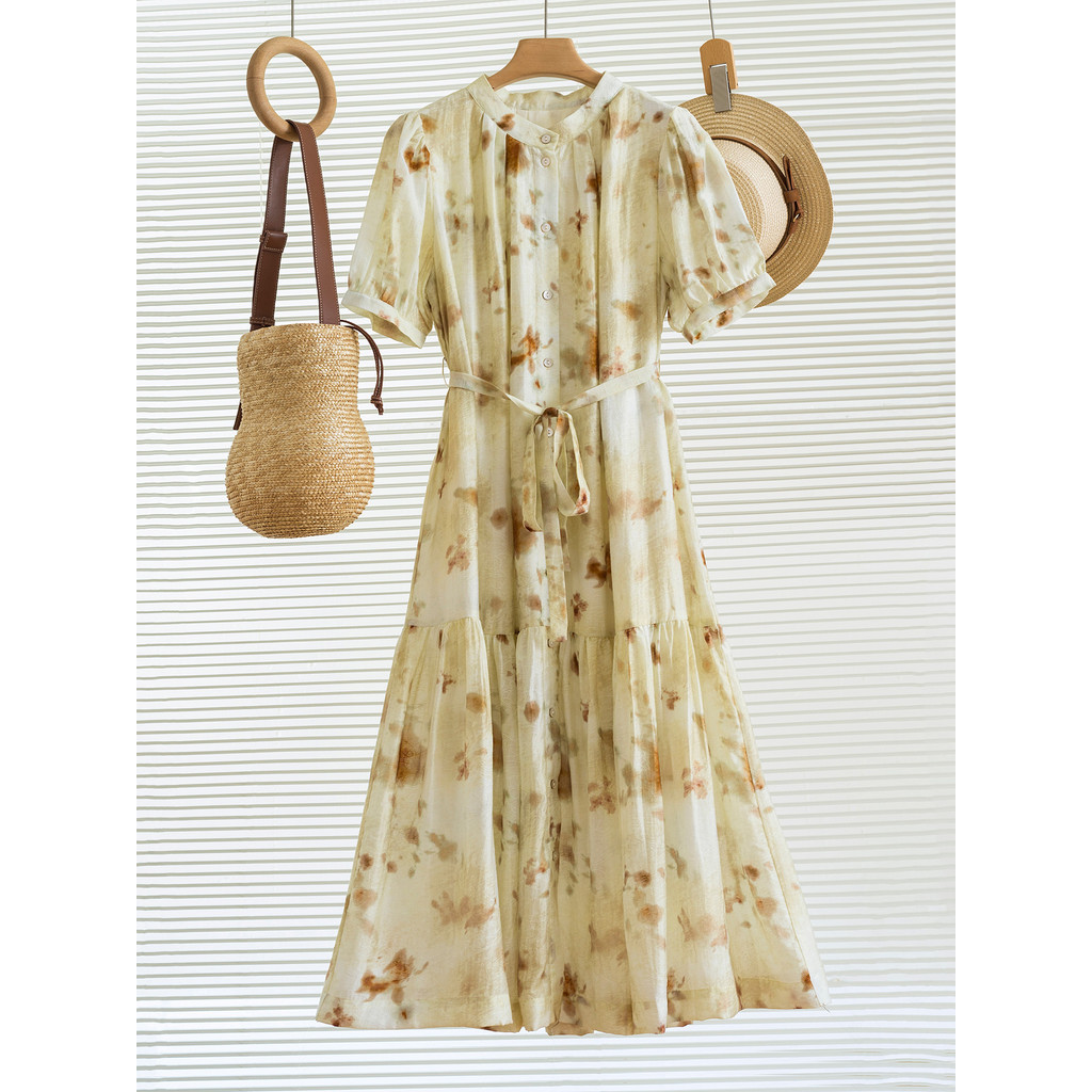 Ink Smudge Craft~Lace-Up แคบ-เอว Micro-Puff Sleeve ความยาวปานกลาง Lyocell พิมพ์ผ้า
