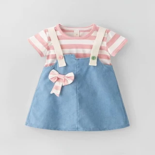 ชุดกระโปรงเด็กผู้หญิง เสื้อแขนสั้นลายทาง สีแดงขาว และสีชมพูขาว พร้อมโบว์ตกแต่ง