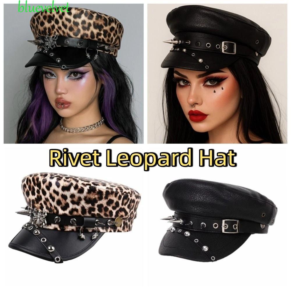 BLUEVELVET Y2k Beret หมวก, Hip-hop Gothic Rivet เสือดาวหมวก,แฟชั่นสีดํา Pu หนังเงินหมวกแบนสําหรับสาว