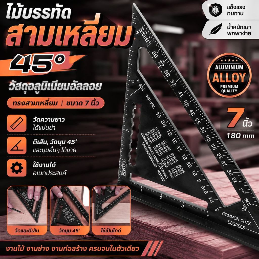 COD ฉากสามเหลี่ยมอลูมิเนียม ขนาด 7 นิ้ว และ 12 นิ้ว วัดมุม ไม้โปรแทรกเตอร์ สามเหลี่ยมเมตริก เครื่องมือวัดความแม่นยำ