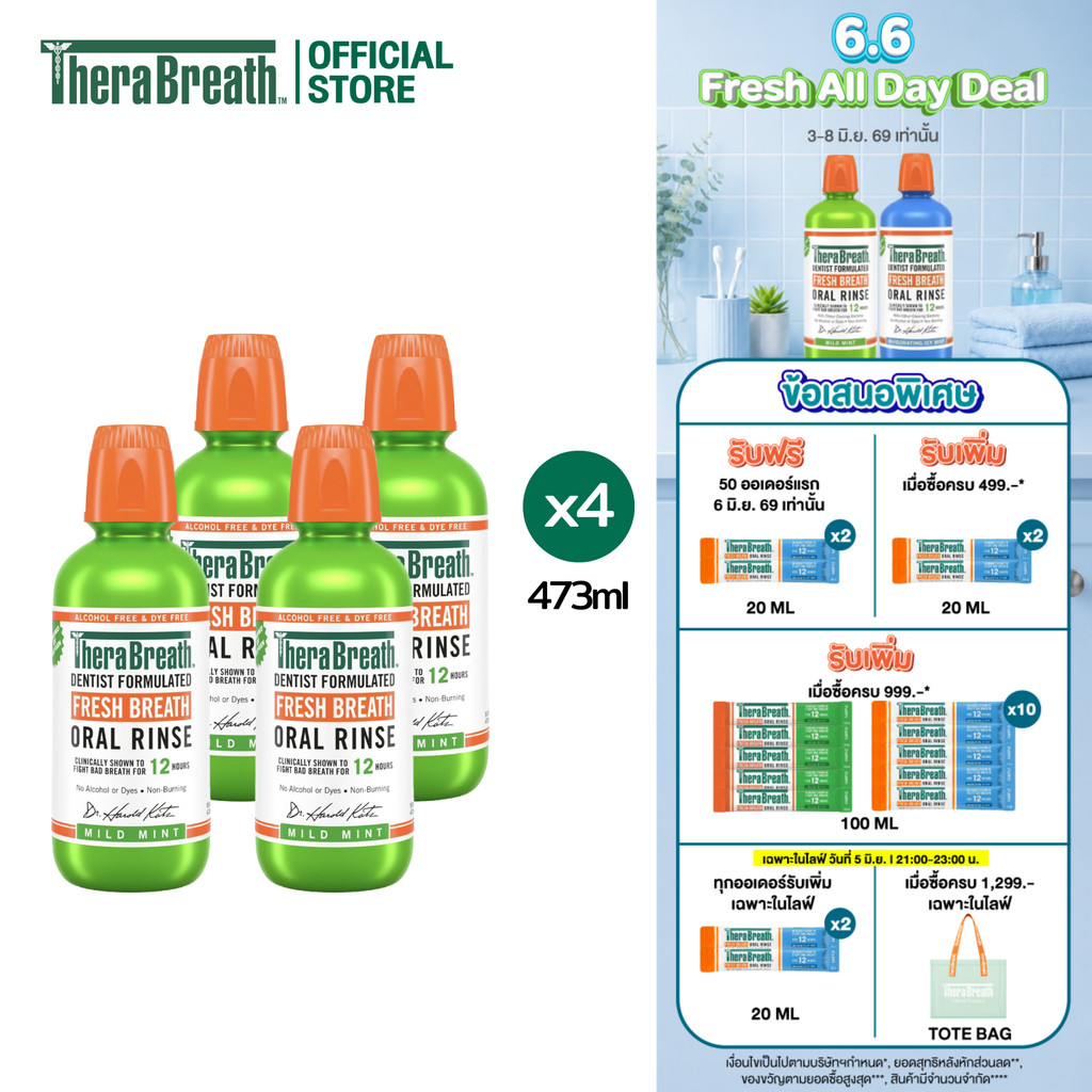 [แพ็คx4] TheraBreath 473 ml สูตร Mild Mint - Mouthwash น้ำยาบ้วนปาก ลดกลิ่นปาก ไม่มีแอลกอฮอล์