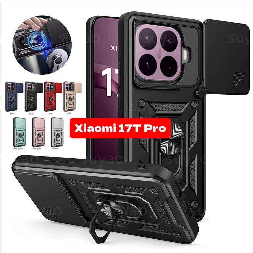 สําหรับXiaomi 17T Pro 17TPro 2026 เคสโทรศัพท์แหวนผู้ถือปลอกXiaomi17TPro Xiaomi17Tเลนส์Push-Pullสไลด์กล้องเกราะป้องกันกันกระแทกSoft Edge Hard PCปกหลัง