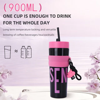 แก้วน้ำพลาสติกแบบมีหลอดดูด ขนาด 900 มล. ดีไซน์ลายโดปามีน พกพาสะดวก เหมาะสำหรับกิจกรรมกลางแจ้ง กีฬา และการดื่มน้ำประจำวัน