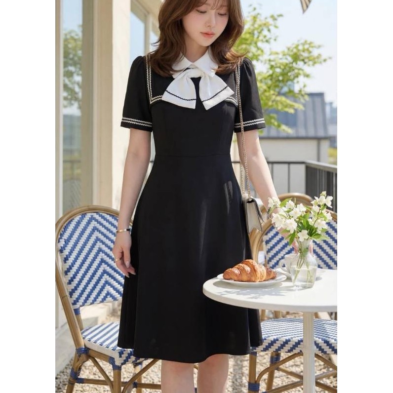 "Romi"Oil" Serena Dress (Black) K394 ชุดเดรสสีดำ  (คอปกแต่งโบว์ด้านหน้า)