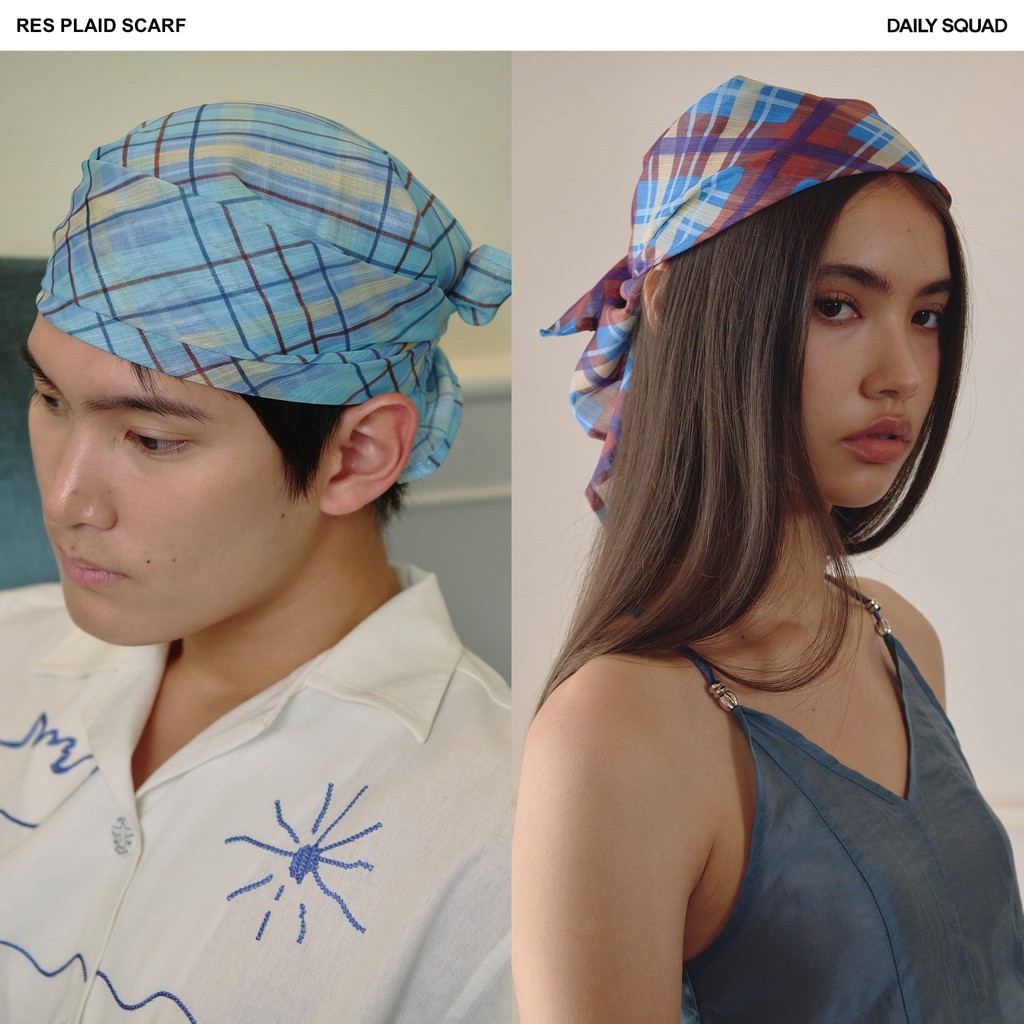 DAILY SQUAD – RES Printed Scarf พิมพ์ลาย plaid แบบ custom developed โทนสีวินเทจและสี soft summer ให้ฟีล nostalgic
