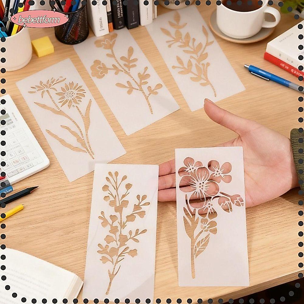 BEBETTKISS 24 ชิ้น/เซ็ต DIY Stencils กระดาษ, แม่แบบภาพวาดดอกไม้ PET แบบใช้ซ้ําได้, ล้างสเปรย์ทาสีและ Doodling