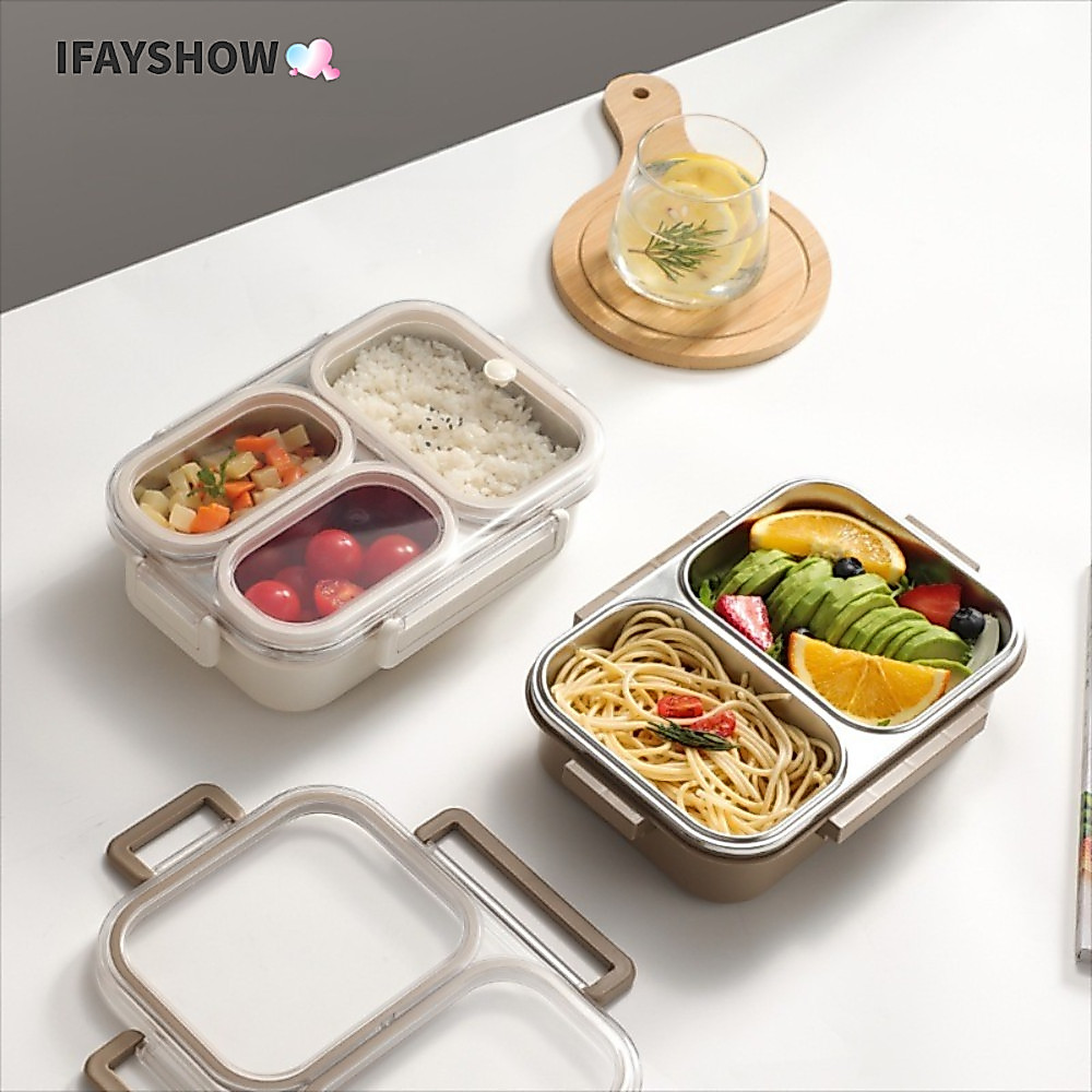 IFAYSHOW กล่องเบนโตะ, 2/3/4 กล่องอาหารกลางวันแบ่ง, สี่เหลี่ยมผืนผ้าสแตนเลสปิดผนึกป้องกันการรั่วภาชนะใส่อาหารผู้ใหญ่
