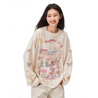 SUIKONE ซุยโคเนะ เสื้อยืดแขนยาวผู้ชายแฟชั่นอเมริกันกราฟฟิตีสไตล์ที่เป็นกลางคุณภาพสูง