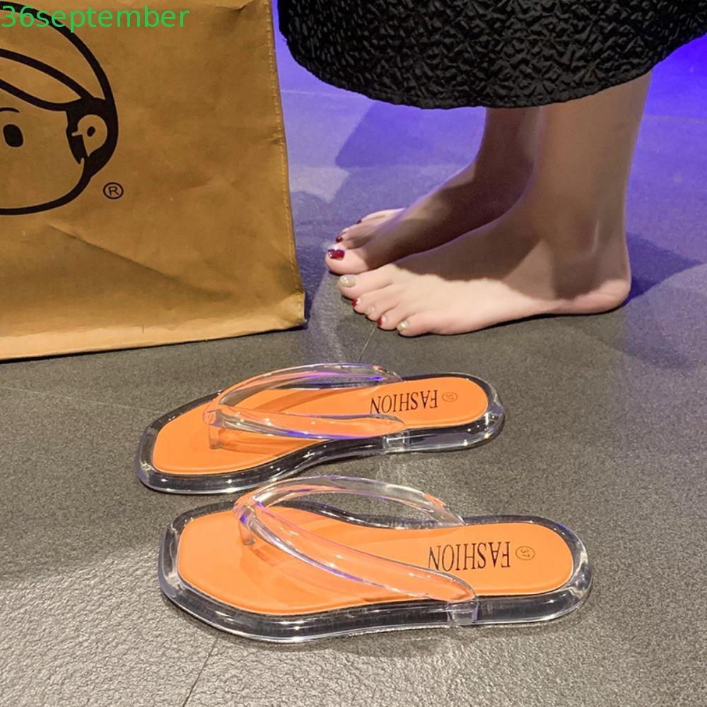 SEPTEMBER Flip Flops รองเท้าแตะ,โปร่งใส PVC Flats รองเท้า,แฟชั่น Beachwear Anti Slip Out Wear Platfo