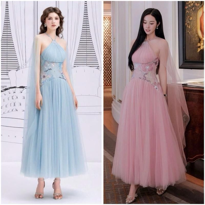 ขนาด>65KG Ruffled MIDI DRESS WITH BEADS AT THE WAIST WITH FLOWERS EMBROIDERED QUEENS SLEEVES