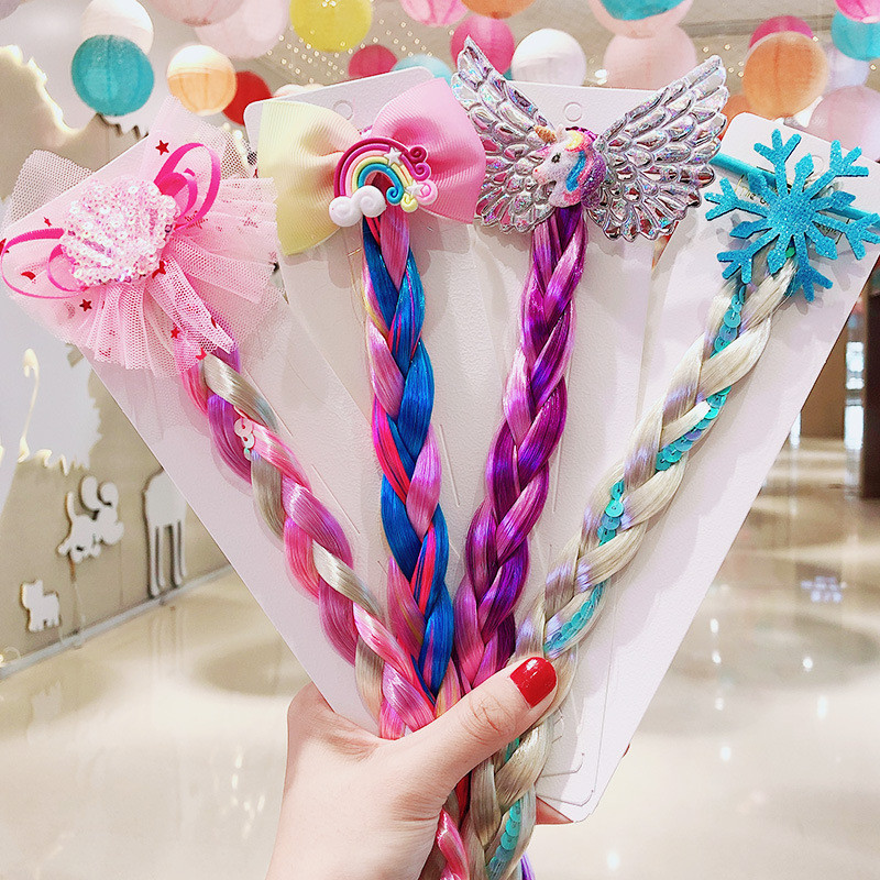 เด็กวิกผม Braids Unicorn Twist ปลอมยาว Braids Frozen Queen Elsa Rapunzel Le Pei Headdress
